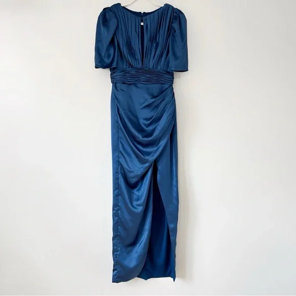 Mac Duggal Silky Pleated Maxi Dress Puff Sleeve Draped Slit Wedding Guest - Picture 2 of 12